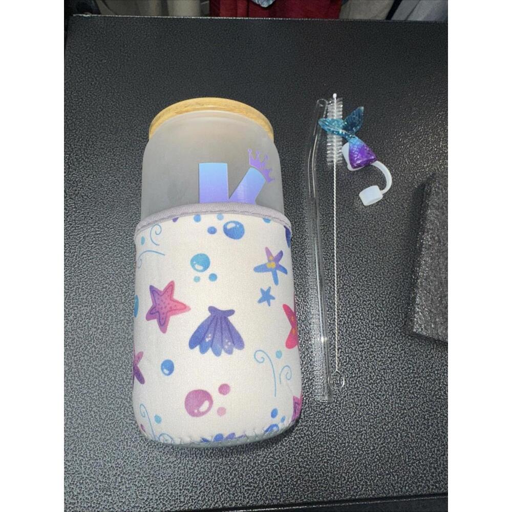 16oz Glass Cup with Bamboo Lid, Mermaid Straw Sleeve Cleaner